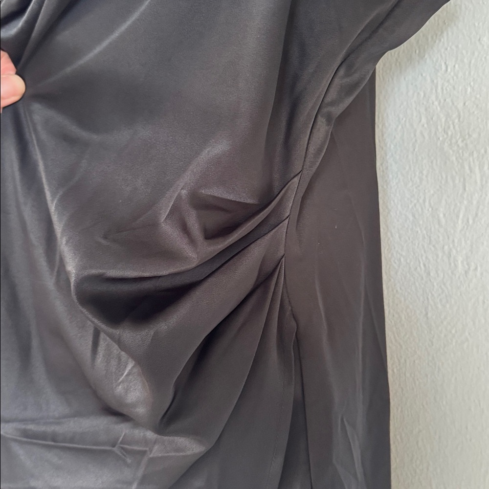 Lulus black satin spaghetti strap cowl neck midi length wrap slit dress XL - Picture 7 of 11